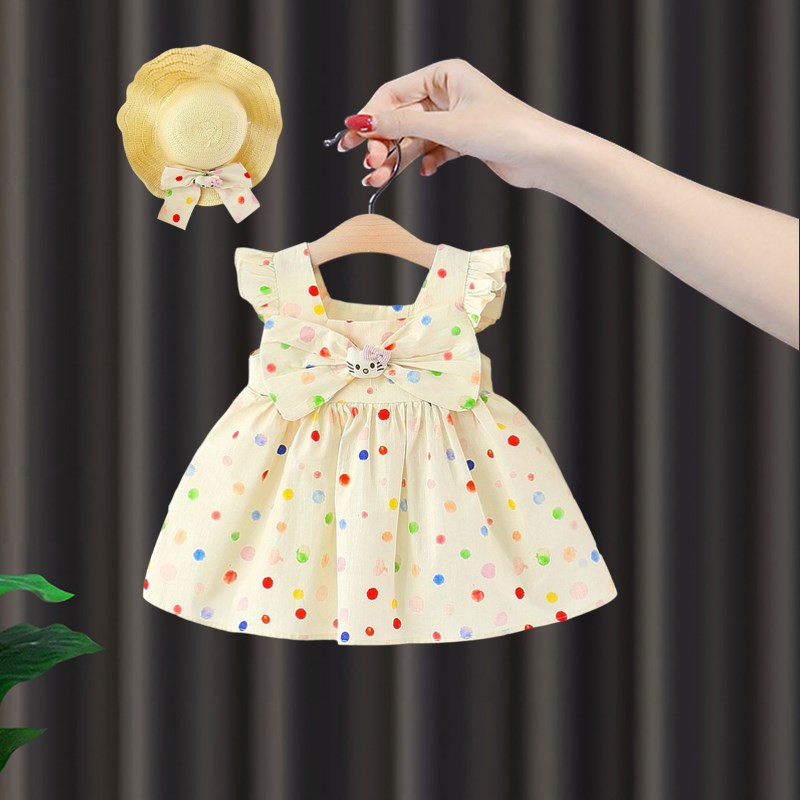 女宝宝夏季连衣裙婴儿夏天薄款飞袖彩色波点裙女童猫咪背心公主裙
