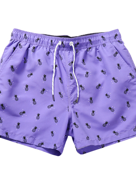 紫色沙滩裤可下i水潮流菠萝遇水现花海边度假泡温泉泳裤男速干短