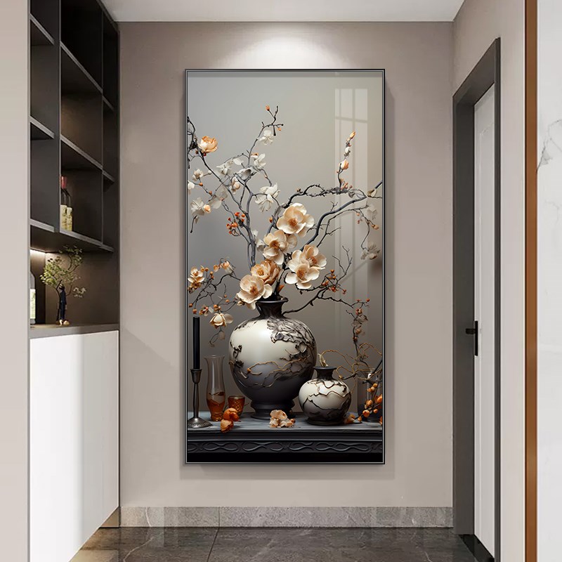 北欧玄关装饰画花卉走廊过道挂画侘寂风进门墙画客U厅入户竖版壁图片