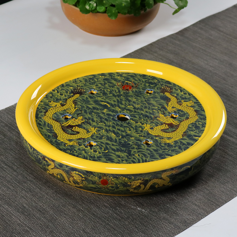 纯白12寸大号储水圆形储水陶瓷茶盘整套家用青花瓷茶Y船嵌入式茶