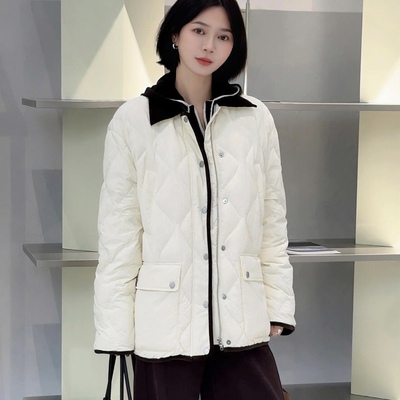 大码撞色翻领菱形格羽绒服外套