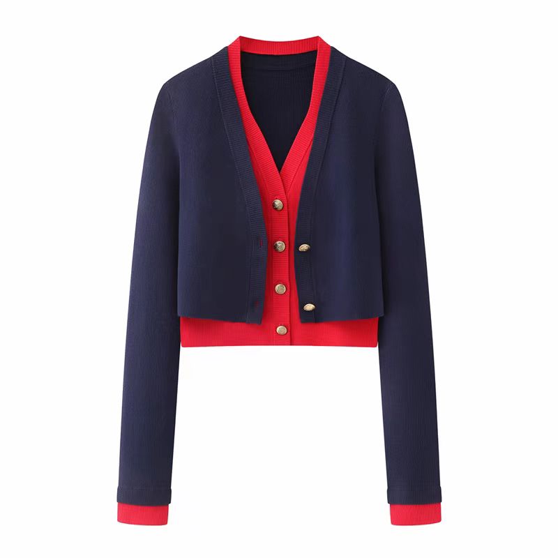 V领假两件针织开衫毛衣外套女