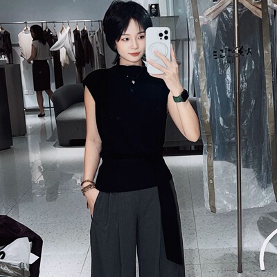 系带收腰显瘦无袖针织衫上衣