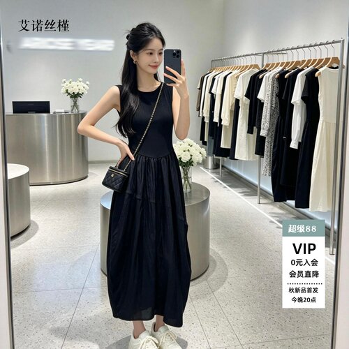夏款黑色拼接无袖连衣裙