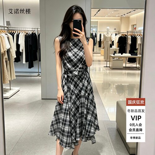 春夏新款复古格纹连衣裙