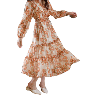 《橙染花相》联名款长袖连衣裙子橙色雪纺浪漫度假风长款大摆原创