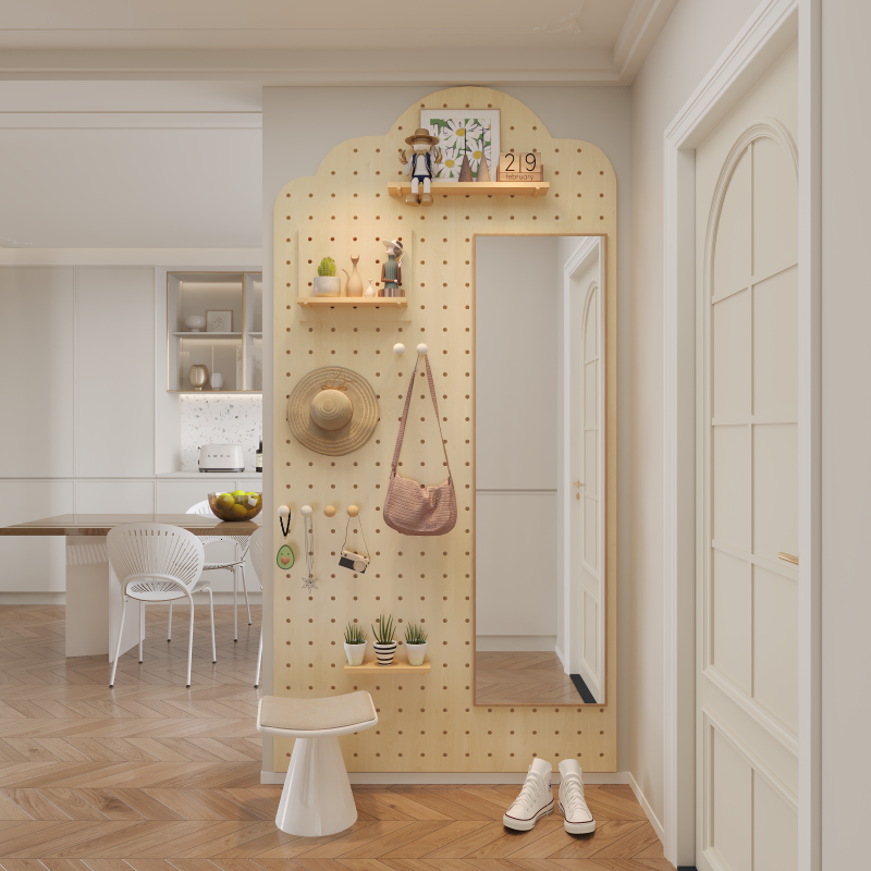 实木洞洞板穿衣镜置物架