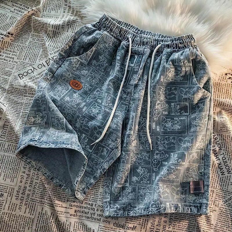 大码300斤美式复古牛仔短裤男装夏季薄款高街潮牌宽松休闲五分裤2