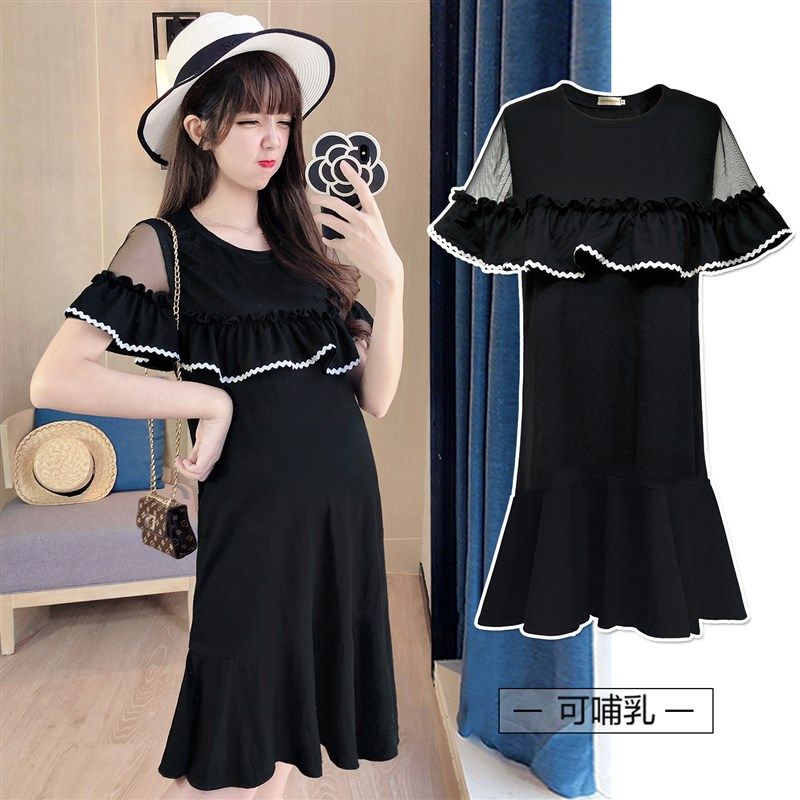 孕妇装2025新款哺乳上衣潮妈孕期穿搭通勤裙子套装露肩连衣裙夏季