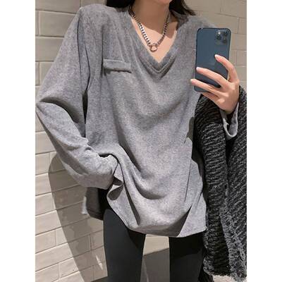 垫肩v领t恤女春秋高级感宽松慵懒风长款遮屁股内搭打底正肩上衣