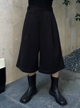 Fei自制秋冬黑色加厚毛呢料直筒七分休闲裤子潮流宽松极简阔腿裤