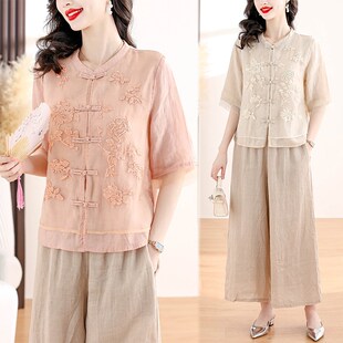 新中式国风套装女士夏季装中年妈妈棉麻七分袖上衣高端亚麻两件套