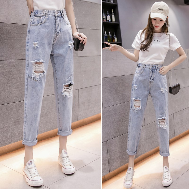 春夏女破洞乞丐小脚哈伦老爹裤萝卜九分长裤牛仔裤子