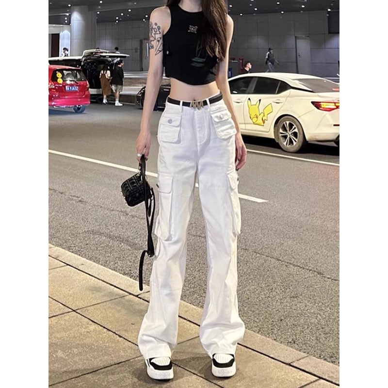 美式复古沙白色工装休闲裤女夏季新款大码胖妹妹直筒宽松阔腿裤子