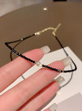 高级感温柔简约黑色细水晶项链女小众ins百搭装饰锁骨链颈链爆款