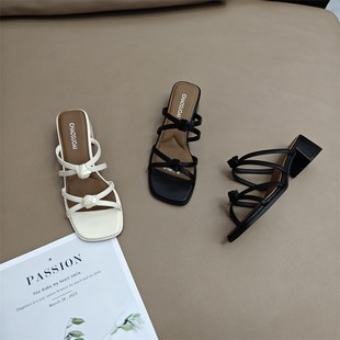 方头细带凉拖配裙子晚风一字 女夏外穿2025B新款 法式 粗跟高跟拖鞋