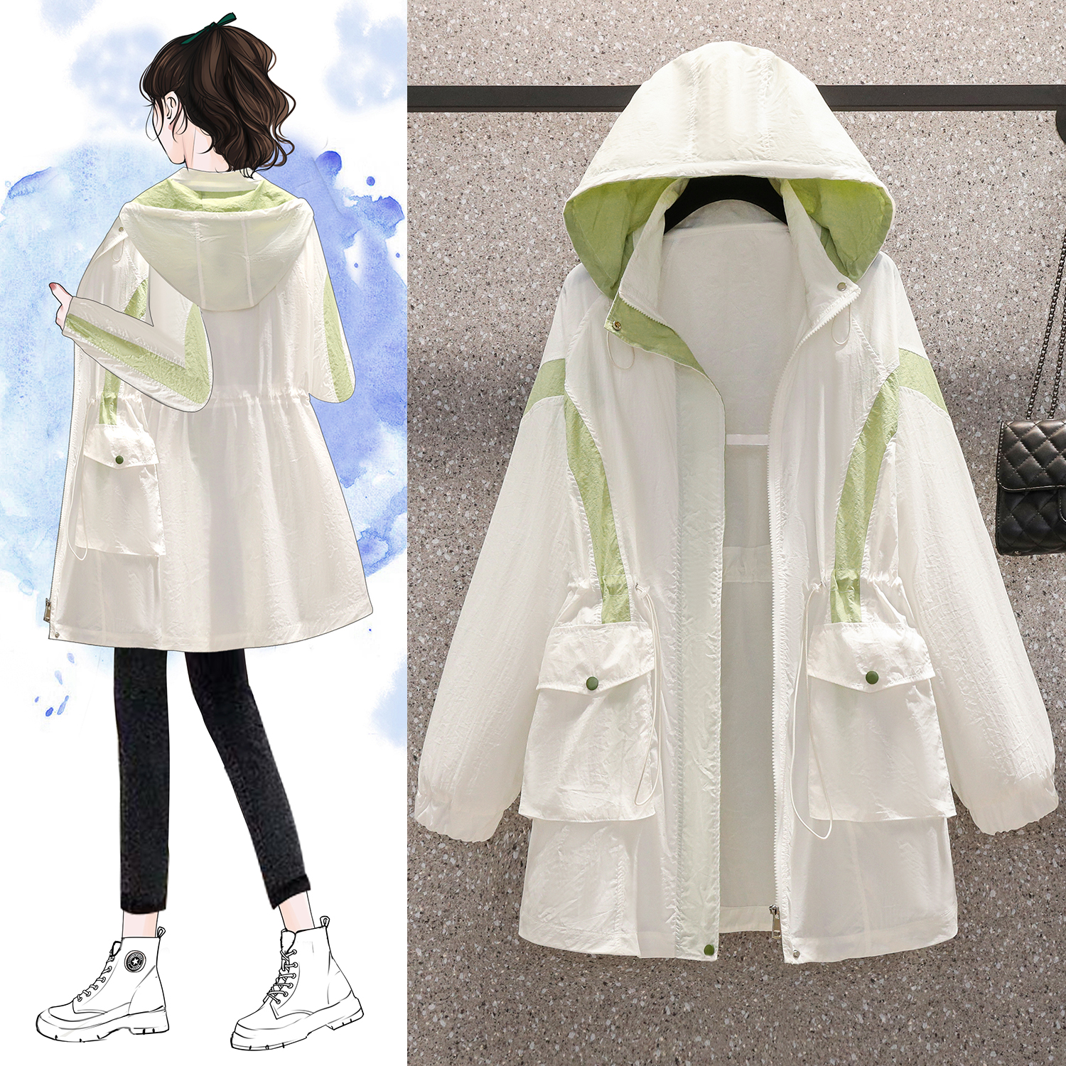 大码防晒衣薄款外套女夏季薄款宽松胖mm收腰显瘦中长款连帽防晒服