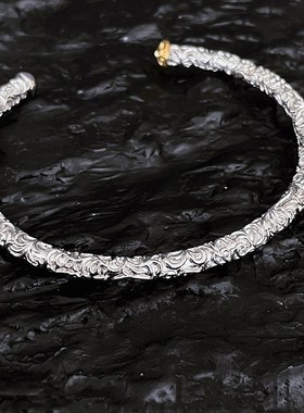 小众设计浮雕图腾唐l草花手镯女时尚个性复古做旧百搭首饰2023新