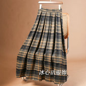 2024b新款 冬季 加厚毛呢格子半身裙秋冬女大摆半裙百褶长裙伞裙冬