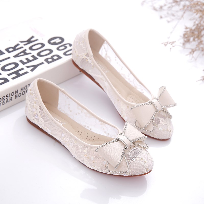 2025夏季新款浅口平底蕾丝网面透气渔夫鞋女生外穿百搭软底单鞋