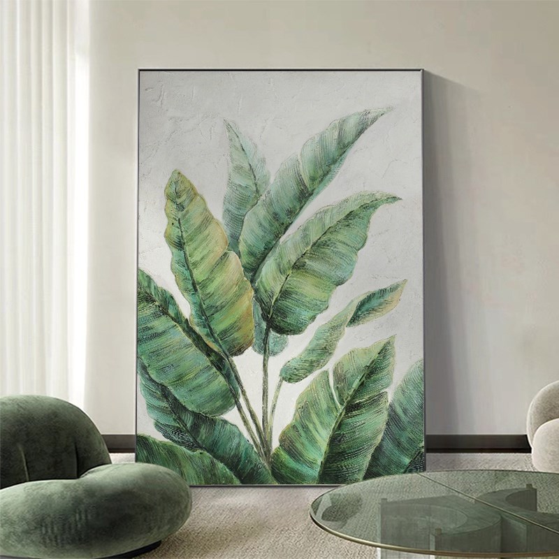 手绘植物芭蕉叶油画餐厅挂画客厅卧室F装饰画玄关背景轻奢法式肌图片