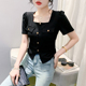 显瘦洋气小衫 夏装 时尚 不规G则开叉上衣修身 新款 欧货方领T恤女短袖