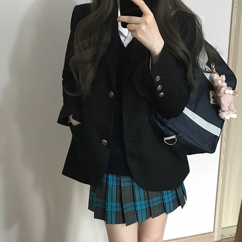 鱼丸与面松石jk制服套装格裙灰A蓝色F百褶裙半身裙学院风校供感女