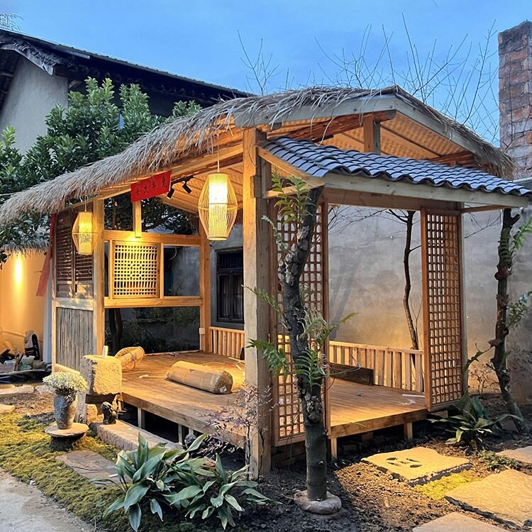 户外茅草木屋别墅民宿网红小木屋花园造景庭院茶室农家乐茅草屋