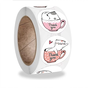 500贴 饰标签封口贴纸 卷可爱杯中猫谢谢你不干胶标签办公文具装