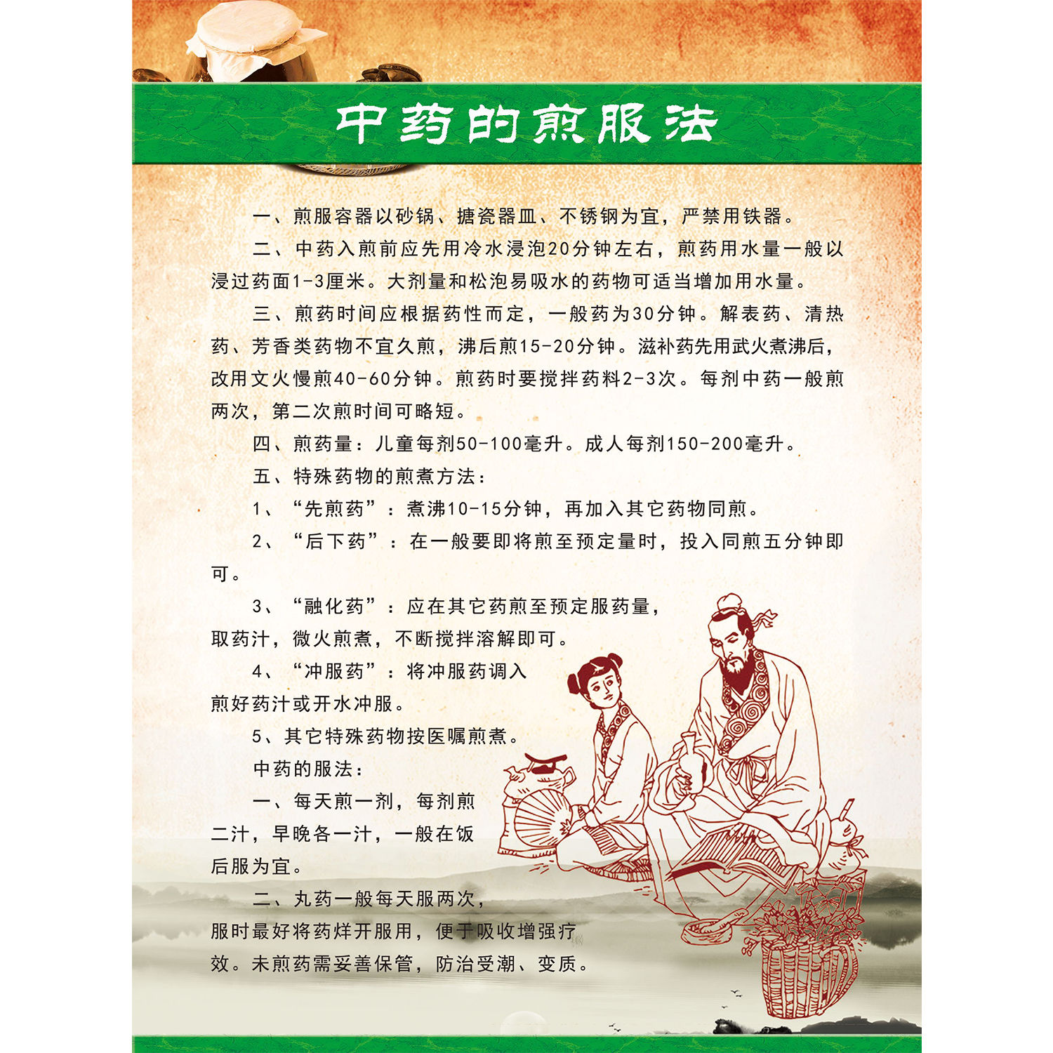 中药的煎服法海报服用中药的正确方法煎药须知服药的饮食墙贴纸