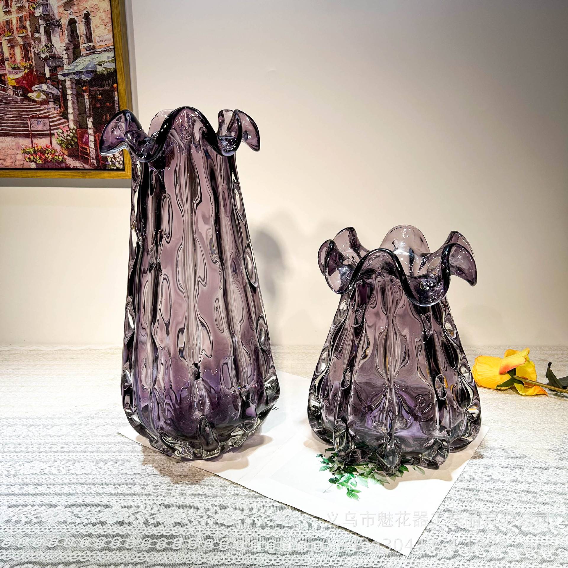 现代重工紫色琉璃钱袋子花瓶摆件家居客厅插花水培样板间艺术软装