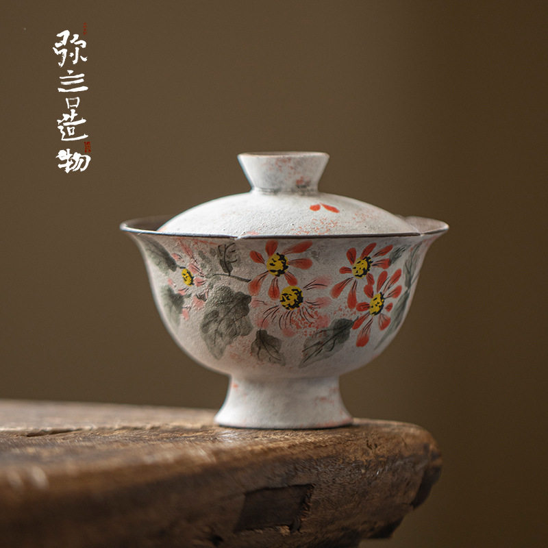 弥言日式诧寂风粉引粗陶手绘盖碗复古高足泡茶碗茶杯单个茶艺茶碗