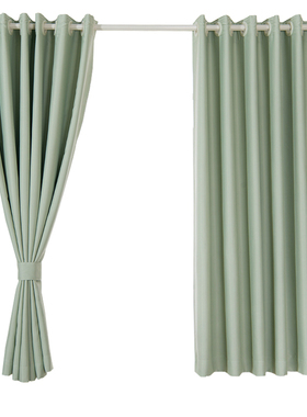 豆绿色窗帘自粘式全遮光月珑纱魔A术贴短帘免打孔小X窗户飘窗遮阳