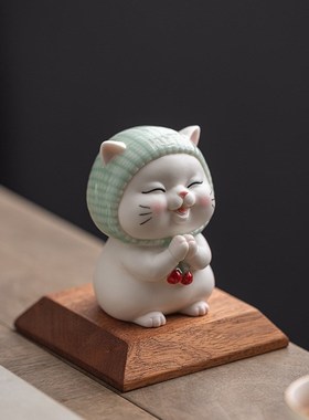 可爱卡通陶瓷招财许愿猫咪小摆件客厅办公室桌面S装饰汽车载工艺