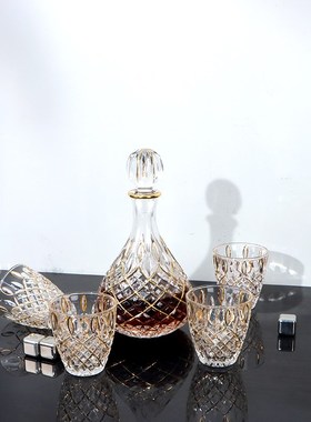 手工描金线c玻璃酒杯威士忌洋酒杯酒具醒酒器套装样板间装饰品摆