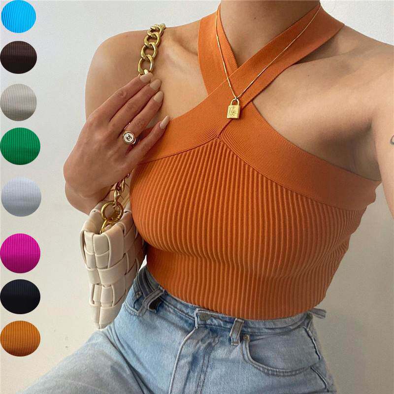 轻欧美辣妹性感交叉挂脖针织吊带小背心露背紧身露脐抹胸上衣女夏