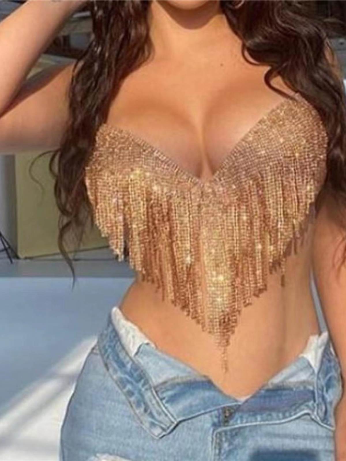 跨境欧美女装时尚性感满钻流苏露脐背心吊带露腰上衣20383