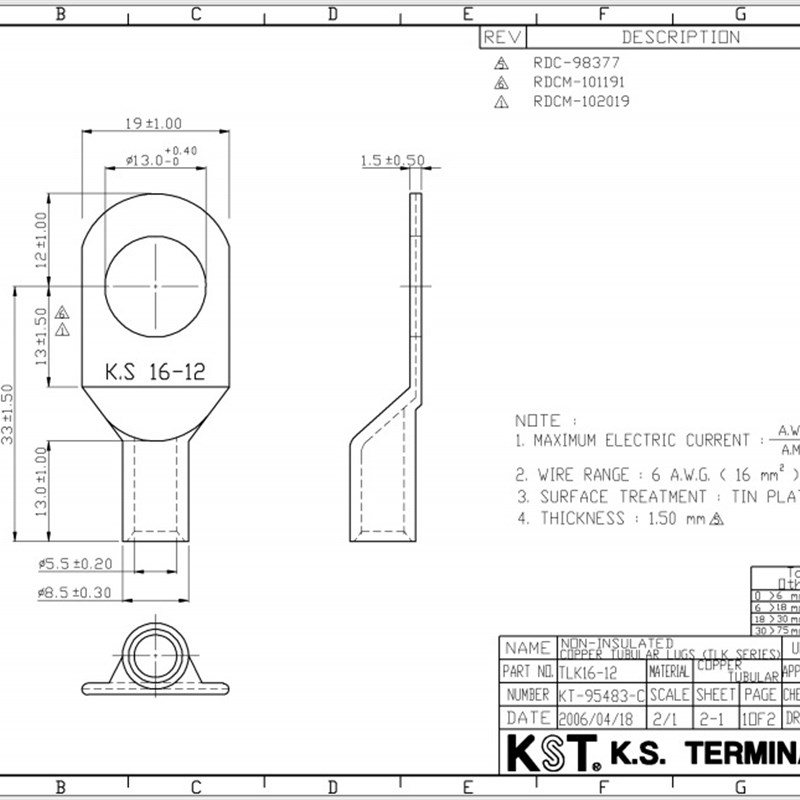 KST-TLK16-5/6/8/10/1A2全系列无窥口大电流镀锡紫铜冷压接线端子