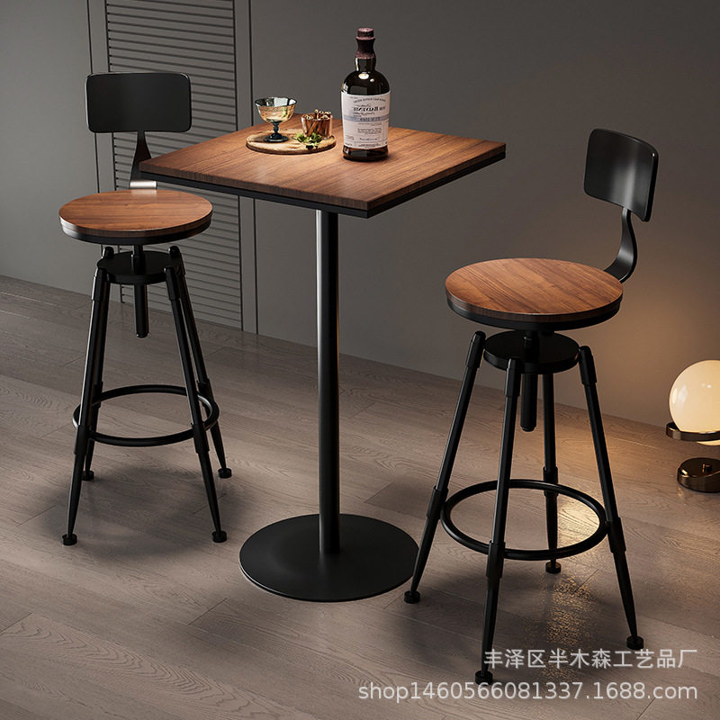 美式酒吧双人圆形吧台桌椅组合loft复古高面实木铁艺咖啡店方吧桌