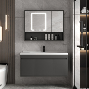 新中式多层实木陶瓷一体盆浴室柜智能镜组合套装卫生间洗脸洗手台