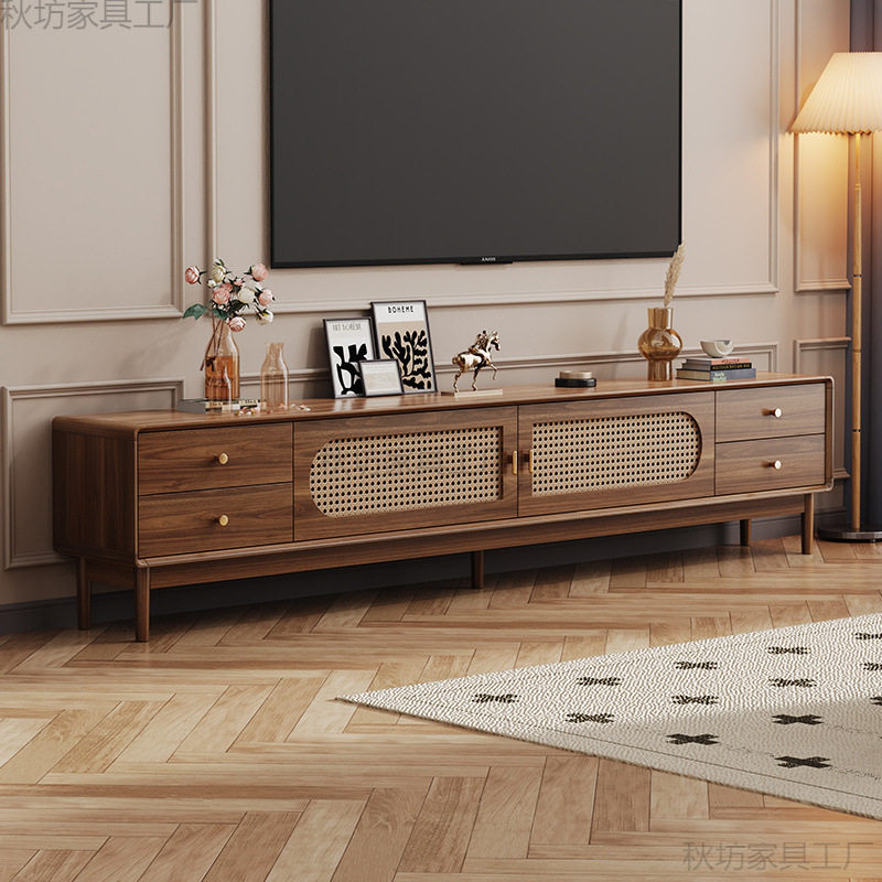 2026复古简约藤编电视柜中式北欧小户型实木框客厅家用茶几电视柜