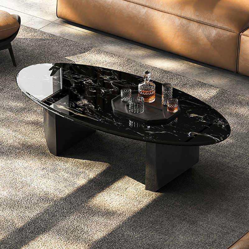 大理石茶几天然奢石黑玫瑰轻奢高级感椭圆形悬浮茶桌客厅家用新款