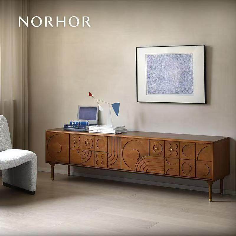 2026北欧表情实木电视柜简约现代中古复古风雕花收纳柜客厅原木储