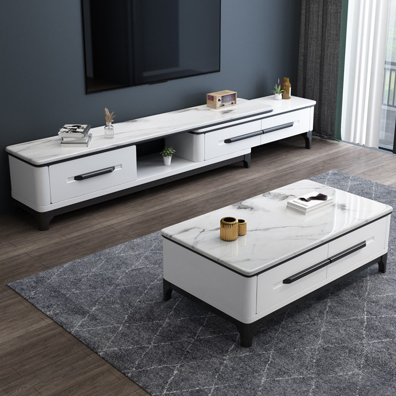 大理石茶几电视柜组合现代简约客厅可伸缩家用小户型岩板储物地柜