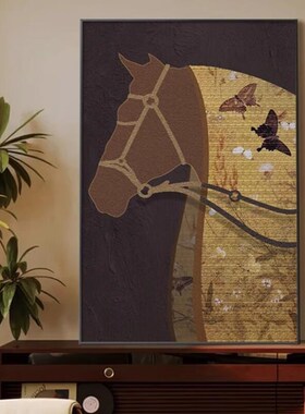 马到成功中e古风玄关装饰画复古绿色客厅挂画轻奢高档花卉酒店壁