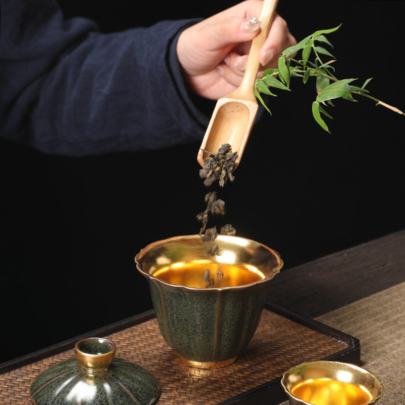聚陶堂茶香记茶末釉手工鎏金盖碗功夫茶具轻P奢家用高档礼盒套装