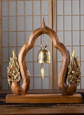 泰国实木桌面铜铃风铃摆件t家居饰品装饰工艺品书房办公桌摆设铜