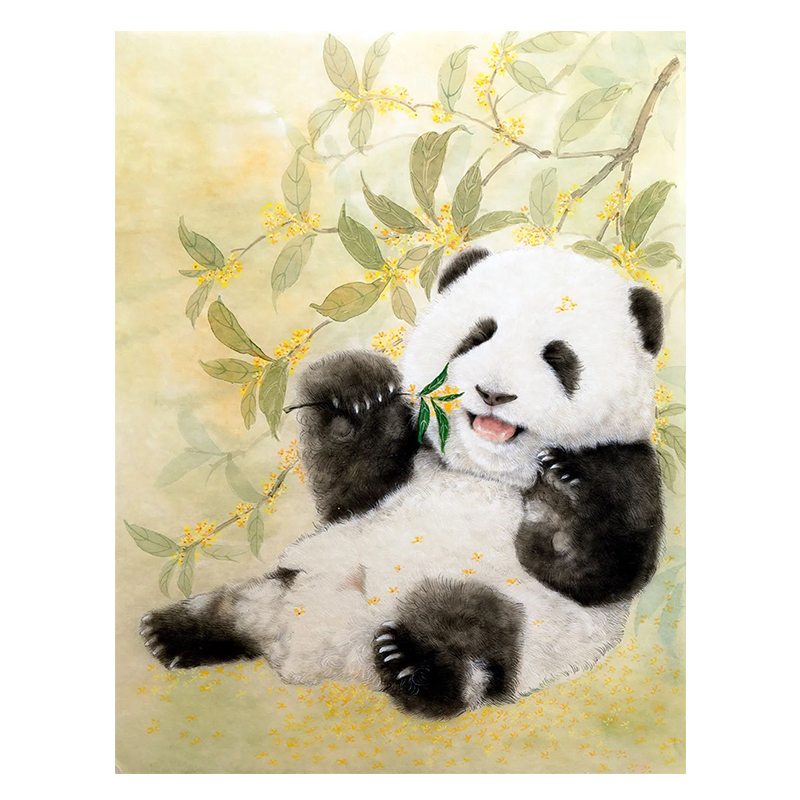 纯手绘中式油画客厅桂花装饰画玄关E熊猫丙烯画卧室肌理画书房挂图片