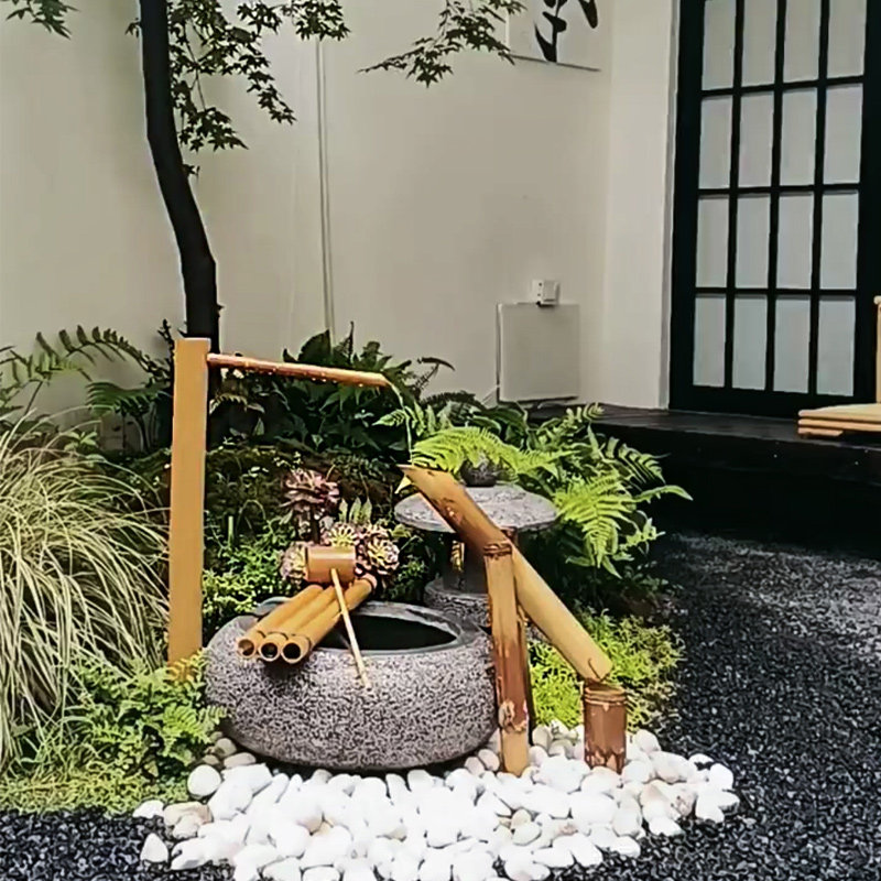 惊鹿流水日式庭院竹子石钵水景造景古H法鱼缸循环过滤水竹制喷泉