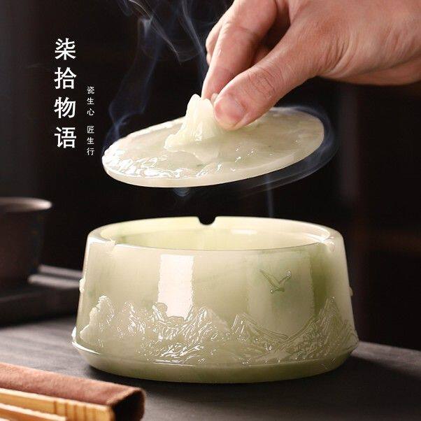 创意个性高档浮雕山峦烟灰缸大号带盖防飞灰烟缸茶几摆件茶具配件